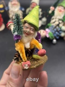 Set Of 9 Vintage Pinecone Elves, Germany, Putz, Paper Mache