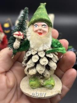 Set Of 9 Vintage Pinecone Elves, Germany, Putz, Paper Mache