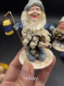 Set Of 9 Vintage Pinecone Elves, Germany, Putz, Paper Mache