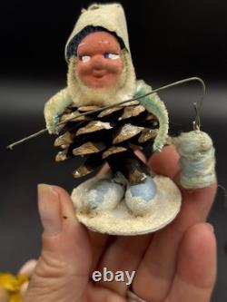 Set Of 9 Vintage Pinecone Elves, Germany, Putz, Paper Mache