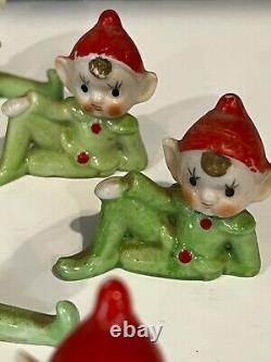 Set of 7 Vintage Christmas Pixie Elves Sitting 2 Porcelain Figurines Japan