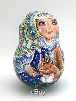 Snowmaiden with Squirrel Roly Poly Russian Hand Carved Hand Painted noNesting DOLL