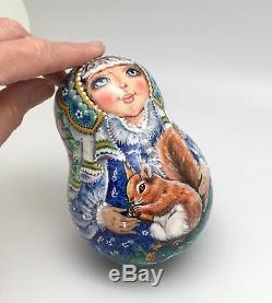 Snowmaiden with Squirrel Roly Poly Russian Hand Carved Hand Painted noNesting DOLL