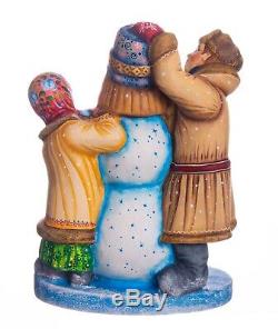 Snowman Christmas figurine children Russian style hand carved wood decor 8
