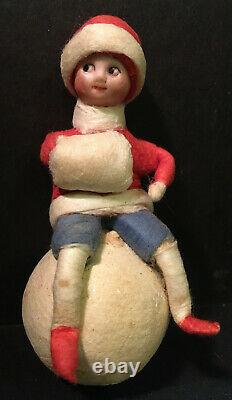 Spun Cotton Heubach BOY w MUFF on SNOWBALL Antique Christmas German Ornament 4