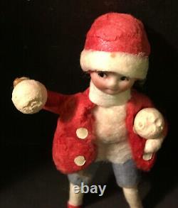 Spun Cotton Heubach BOY w SNOWBALLS Antique Christmas German Ornament Batting