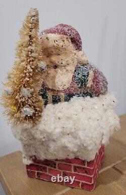 Teena Flanner Folk Art Santa in Chimney With Christmas Tree