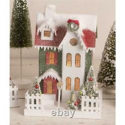 Traditional Christmas Putz House Green with Red Roof Village Figure