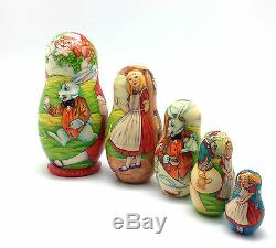 UNIQUE Nesting Doll ALICE in Wonderland 5 piece set Hand Painted ONE OF THE KIND