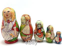 UNIQUE Nesting Doll ALICE in Wonderland 5 piece set Hand Painted ONE OF THE KIND