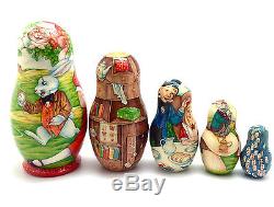 UNIQUE Nesting Doll ALICE in Wonderland 5 piece set Hand Painted ONE OF THE KIND