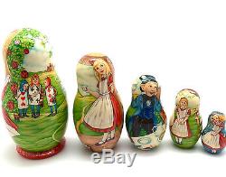 UNIQUE Nesting Doll ALICE in Wonderland 5 piece set Hand Painted ONE OF THE KIND