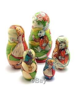 UNIQUE Nesting Doll ALICE in Wonderland 5 piece set Hand Painted ONE OF THE KIND