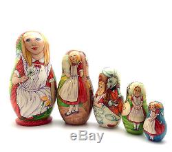 UNIQUE Nesting Doll ALICE in Wonderland 5 piece set Hand Painted ONE OF THE KIND