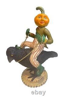 Unique & Rare Halloween Night Flight By Paul Gordon Pumpkinman Riding Crow Vtg