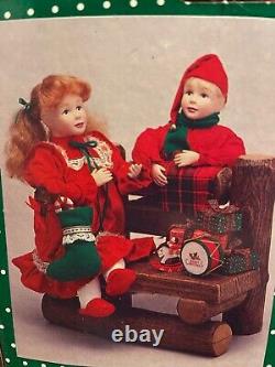VERY RARE 1993 Holiday Creations animated BOY and GIRL on bench withbox