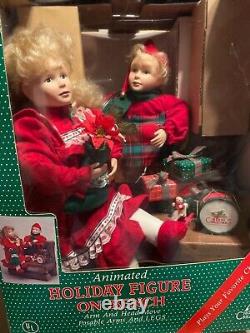 VERY RARE 1993 Holiday Creations animated BOY and GIRL on bench withbox