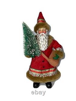 VGT All Hand Maid Santa Clause Holding Snowed Pine Tree Santa Statue, 12.5/H