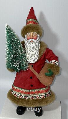 VGT All Hand Maid Santa Clause Holding Snowed Pine Tree Santa Statue, 12.5/H