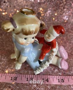 VINTAGE Girl ANGEL Plays SANTA DOLL December CHRISTMAS PIGTAILS Dress Japan