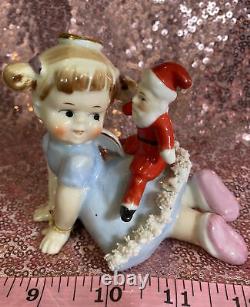 VINTAGE Girl ANGEL Plays SANTA DOLL December CHRISTMAS PIGTAILS Dress Japan