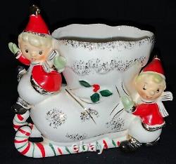 VINTAGE NAPCO CERAMIC CHRISTMAS PLANTER PIXIE KIDS ON BOOT WithCANDY CANE RUNNER