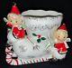 Vintage Napco Ceramic Christmas Planter Pixie Kids On Boot Withcandy Cane Runner
