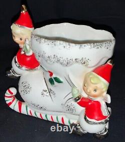 VINTAGE NAPCO CERAMIC CHRISTMAS PLANTER PIXIE KIDS ON BOOT WithCANDY CANE RUNNER