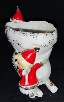 VINTAGE NAPCO CERAMIC CHRISTMAS PLANTER PIXIE KIDS ON BOOT WithCANDY CANE RUNNER