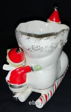 VINTAGE NAPCO CERAMIC CHRISTMAS PLANTER PIXIE KIDS ON BOOT WithCANDY CANE RUNNER