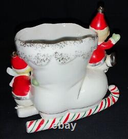 VINTAGE NAPCO CERAMIC CHRISTMAS PLANTER PIXIE KIDS ON BOOT WithCANDY CANE RUNNER