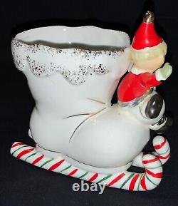 VINTAGE NAPCO CERAMIC CHRISTMAS PLANTER PIXIE KIDS ON BOOT WithCANDY CANE RUNNER