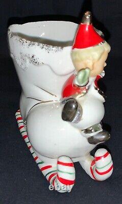 VINTAGE NAPCO CERAMIC CHRISTMAS PLANTER PIXIE KIDS ON BOOT WithCANDY CANE RUNNER