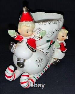 VINTAGE NAPCO CERAMIC CHRISTMAS PLANTER PIXIE KIDS ON BOOT WithCANDY CANE RUNNER