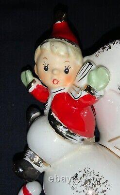VINTAGE NAPCO CERAMIC CHRISTMAS PLANTER PIXIE KIDS ON BOOT WithCANDY CANE RUNNER