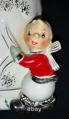 VINTAGE NAPCO CERAMIC CHRISTMAS PLANTER PIXIE KIDS ON BOOT WithCANDY CANE RUNNER