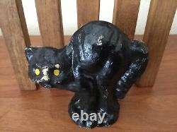 VINTAGE PAPER MACHE Pulp Halloween Arched Back Black Cat With Yellow Eyes B