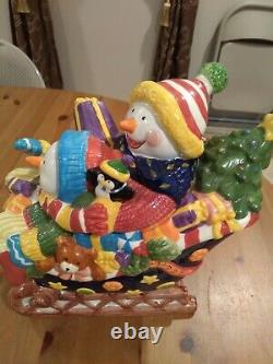 VINTAGE Sapota 2 Snownmen On Sleigh With Presents 12 inch by 10 X 14 porcelain
