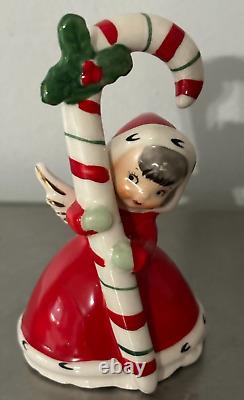 VNTG 1950 Napco Ceramic Christmas Bell Angel Grey Hair Candy Cane 3BX2239