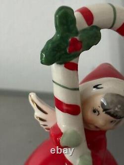 VNTG 1950 Napco Ceramic Christmas Bell Angel Grey Hair Candy Cane 3BX2239