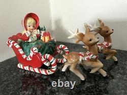 VTG 1956 Lefteris Exclusives Ceramic Christmas Figurines Girl Sleigh Deer Japan