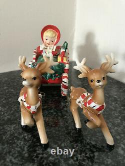 VTG 1956 Lefteris Exclusives Ceramic Christmas Figurines Girl Sleigh Deer Japan