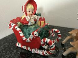 VTG 1956 Lefteris Exclusives Ceramic Christmas Figurines Girl Sleigh Deer Japan