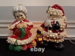 VTG Atlantic Mold Winking Santa & MrS Claus LAMPS Christmas Hand Painted Ceramic