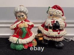 VTG Atlantic Mold Winking Santa & MrS Claus LAMPS Christmas Hand Painted Ceramic