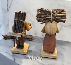 VTG Erzgebirge Germany Hand Carved Wooden Woodsman Couple Unique RARE Pristine