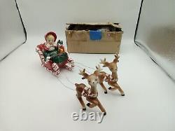 VTG Lefton 1956 Christmas Girl Candy Cane Sleigh Reindeer Ceramic Figurines IOB