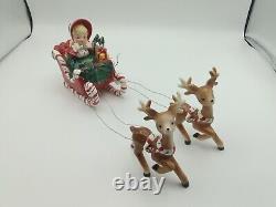 VTG Lefton 1956 Christmas Girl Candy Cane Sleigh Reindeer Ceramic Figurines IOB