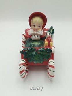 VTG Lefton 1956 Christmas Girl Candy Cane Sleigh Reindeer Ceramic Figurines IOB