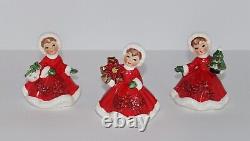VTG Lefton Christmas Poinsettia Girls Figurines Tree Purse 1950's Japan Set of 3